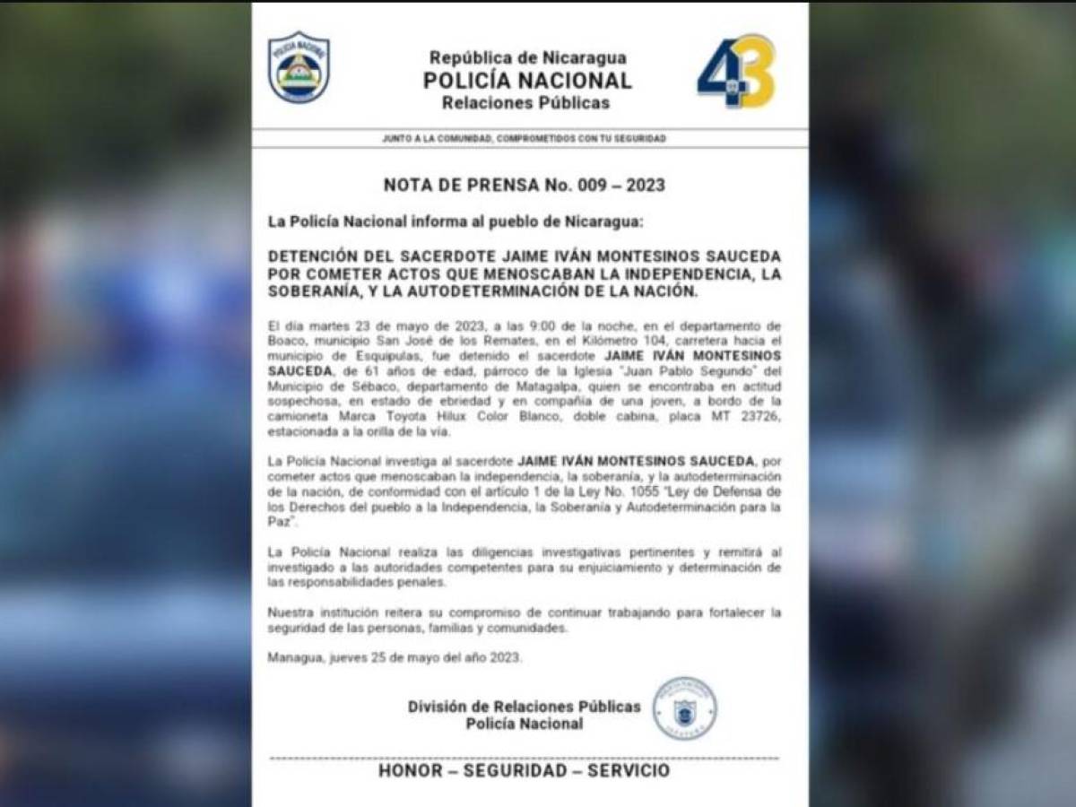 Nicaragua: detienen a sacerdote investigado por actos contra ‘la nación’