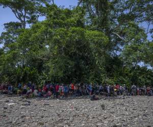 <i>Migrantes descansan bajo la sombra de un árbol cerca de la aldea de Bajo Chiquito, el primer control fronterizo de la provincia de Darién en Panamá, el 22 de septiembre de 2023. FOTO Luis ACOSTA/AFP</i>