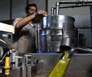 Un hombre trabaja con la máquina decantadora en Olivares Don Ignacio, donde se elabora aceite de oliva orgánico, en Rivadavia, provincia de Mendoza, Argentina, el 29 de abril de 2021. FOTO Andrés Larrovere / AFP