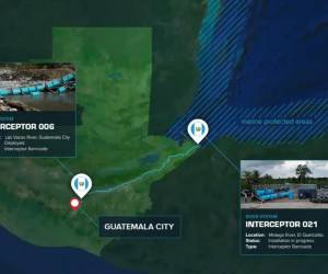 <i>Este mapa compartido por la organización muestra las dos bardas instaladas en el recorrido del río Motagua, para controlar la contaminación. FOTO THE OCEAN CLEANUP</i>