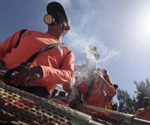 <i>Empleados de la Secretaría de Estado en los Despachos de Gestión de Riesgos y Contingencias Nacionales de Honduras (COPECO), participan en la campaña contra el dengue este viernes en Tegucigalpa (Honduras). FOTO EFE/ Gustavo Amador</i>