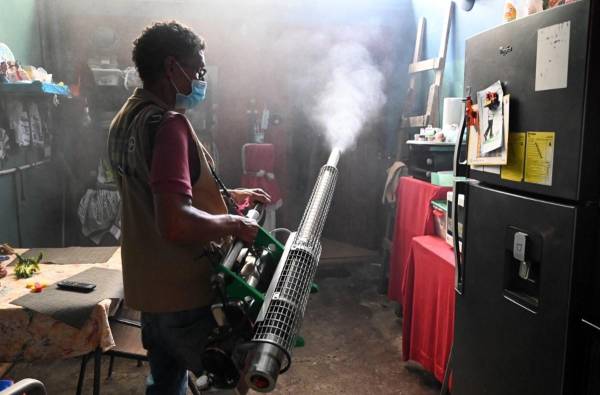 <i>Un empleado de la Secretaría de Salud rocía una casa durante una operación de fumigación dentro de una emergencia nacional para combatir el mosquito Aedes Aegypti, vector del dengue. FOTO Orlando SIERRA/AFP</i>