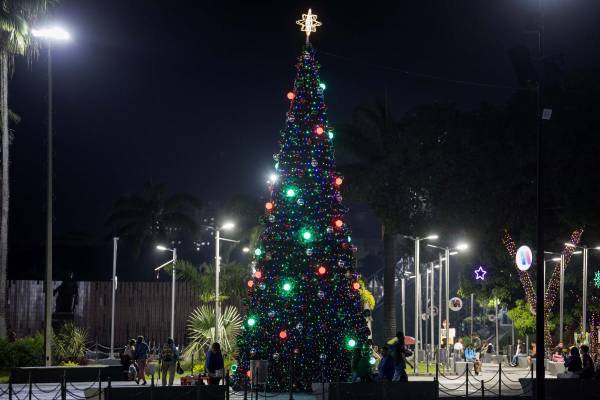 <i>Personas caminan junto a un árbol navideño este lunes, en Caracas (Venezuela). En un mensaje televisado, el presidente de Venezuela, Nicolás Maduro, anunció el adelanto de las fiestas navideñas: “Y por eso este año, en homenaje a ustedes, en agradecimiento a ustedes, voy a decretar el adelanto de la Navidad para el 1 de octubre. Arranca la Navidad el 1 de octubre para todos y todas. Llegó la Navidad con paz, felicidad y seguridad” . EFE/ Miguel Gutiérrez</i>