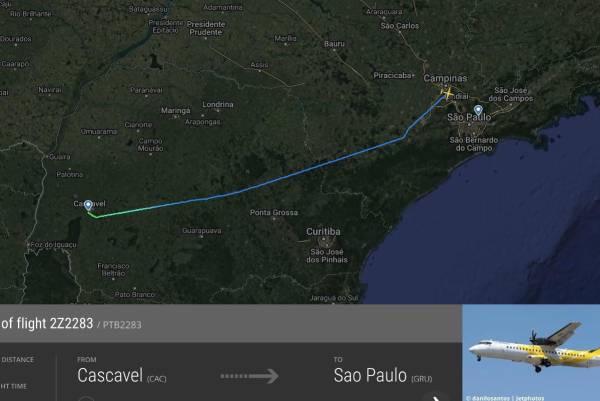 <i>Voepass dijo que la aeronave despegó de Cascavel-PR con destino al aeropuerto de Guarulhos. FOTO @flightradar24</i>