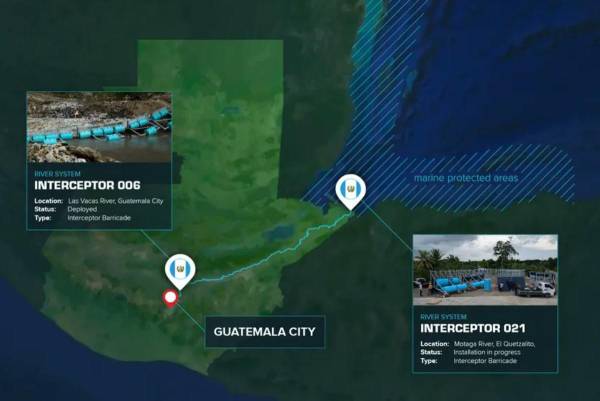 <i>Este mapa compartido por la organización muestra las dos bardas instaladas en el recorrido del río Motagua, para controlar la contaminación. FOTO THE OCEAN CLEANUP</i>