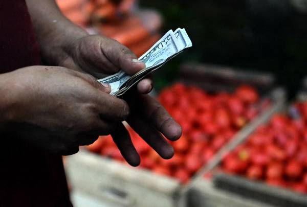 <i>Un vendedor de verduras cuenta billetes de dólares estadounidenses en un punto mayorista impulsado por el gobierno para beneficiar a los pequeños y medianos compradores en el municipio de Apopa, El Salvador, el 9 de julio de 2024. FOTO Marvin RECINOS/AFP</i>